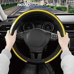 Leather Steering Wheel Cover – Black & Yellow, Universal Fit 14.5-15 Inch, Microfiber Leather, Anti-Slip & Breathable Design for Men and Women