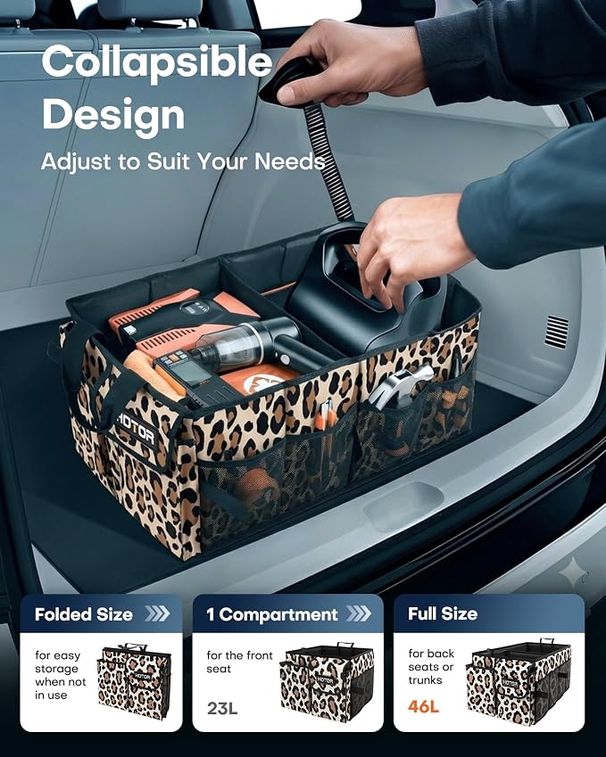 Trunk Organizer - Car Organizer, Foldable Trunk organizer for SUVs & Sedans, Sturdy Car Organization for Car Accessories, Tools, Sundries, Leopard, 2 Compartments, 21.3"×12.6"×10.6"