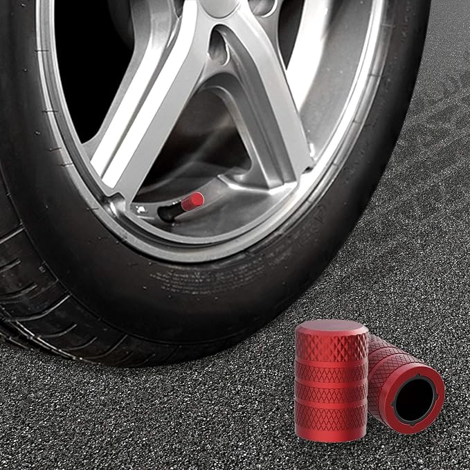 Tire Valve Stem Caps, Red, 4 pcs/Pack, Anodized Aluminum Tire Valve Cap Set, Corrosion Resistant, Universal Stem Covers for Cars Trucks Motorcycles SUVs and Bikes