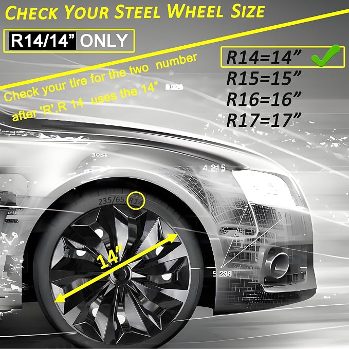 Hubcaps Wheel Cover Replacement Size R14 Hub Cap Universal-Fit Steel Wheels Rims Cover ABS Tire Caps for Most Car Truck Sedan SUV -Set of 4（14-inch，Black）