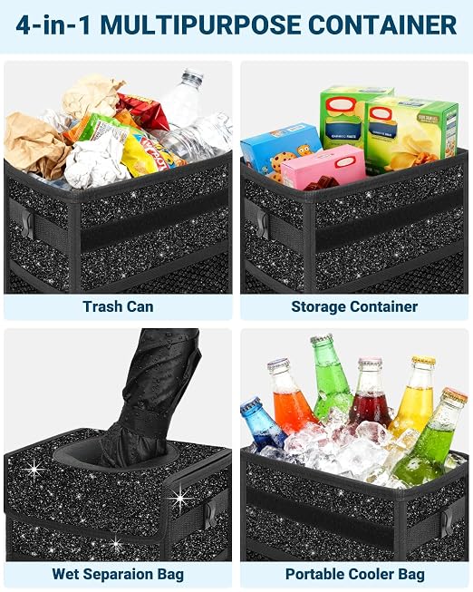 Car Trash Can with Lid, Leakproof Car Trash Bag Hanging Waterproof Automotive Garbage Can with Storage Pockets Mini Vehicle Trash Bin for Back/Front Seat(Sparkly Black,2.5 Gallon)