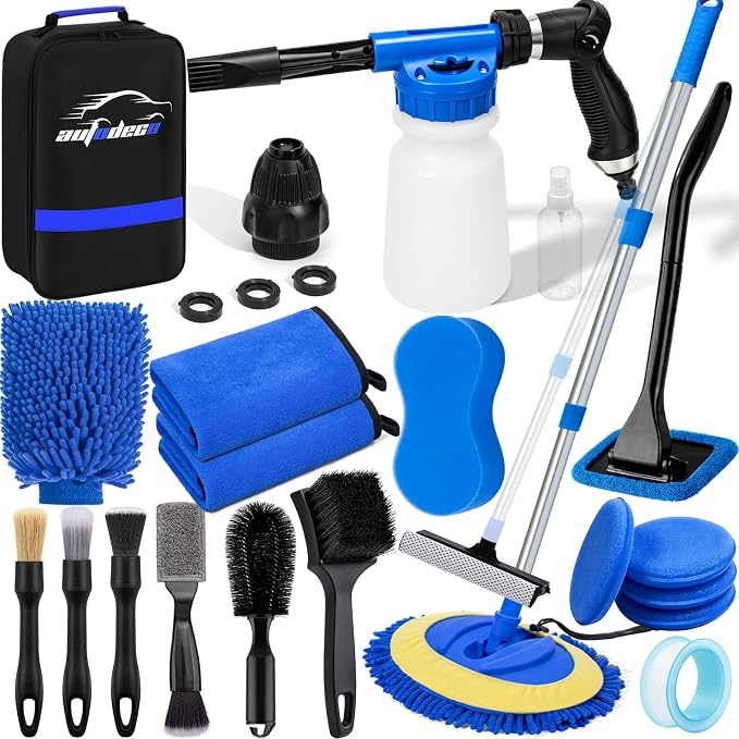 Car Wash Detailing Kit Cleaning Set with Foam Gun Sprayer, Long-Handle Brush, Large Wash Mitt, Towels, Complete Interior & Exterior Car Washing Supply Set (Blue)