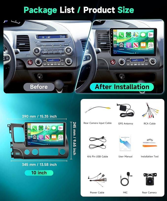 8 Core 6GB+128GB Android 15 Car Stereo for Honda Civic 2006-2011, 10.1" Touchscreen Radio with Wireless CarPlay Android Auto, GPS 5G WiFi Bluetooth DSP SWC Backup Camera