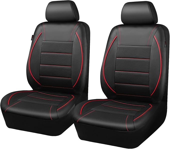 Universal FIT Piping Leather Two Front Seat Covers, Waterproof Faux Leather for SUV Sedan Van Truck, Airbag Compatible,Reserved Opening Holes for Headrest Covers. (Black red)