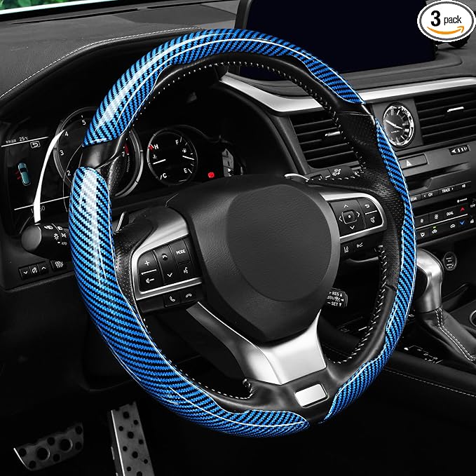3pcs Carbon Fiber Anti-Skid Steering Wheel Cover, Waterproof Design, Universal Fit for 14-16 Inch Car Wheel Cover, Interior Car Accessories for Jeeps, SUVs, Trucks (Glossy Blue)