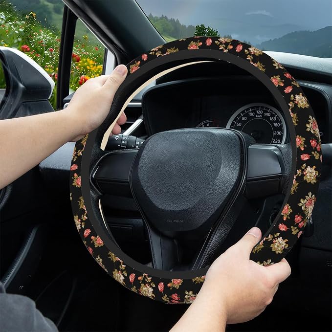 Watercolor Pink Hisbicus Steering Wheel Cover, Elastic Non-Slip Steering Wheel Protector,Auto Interior Decor for Women Girls,Universal 15" Fit for Sedans,Trucks