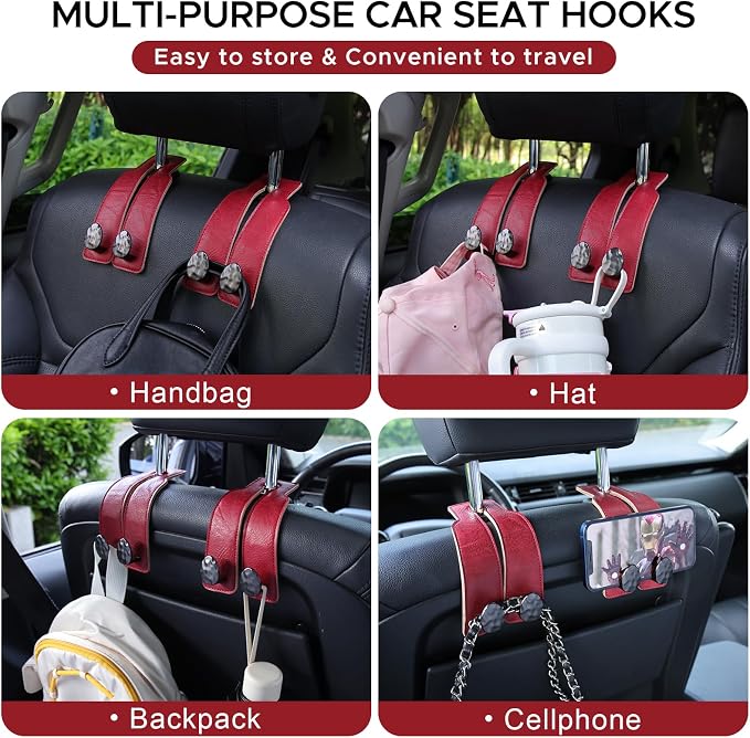 2PCS Leather Car Seat Hooks for Headrest, Vehicle Hanger Storage Organizer Universal for Handbag Purse, Car Accessories Gift (Red-Black)