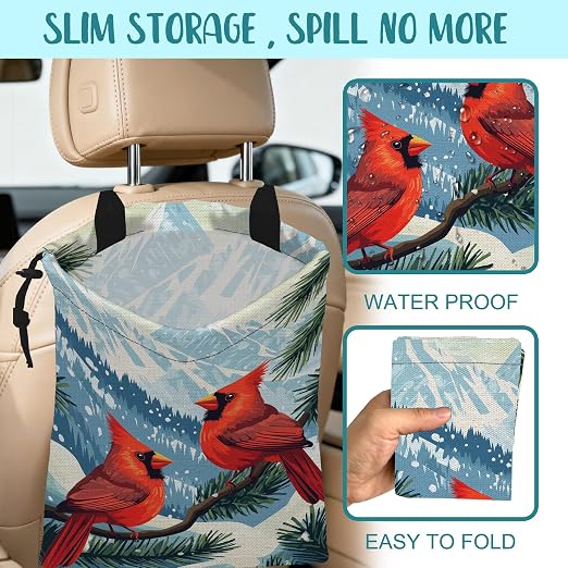 Red Cardinals Pine Branch Car Garbage Bag Snowy Mountain Hanging Canvas Car Trash Bag Drawstring Car Back Seat Organizer for Car Back Front Seat Console with Adjustable Buckle