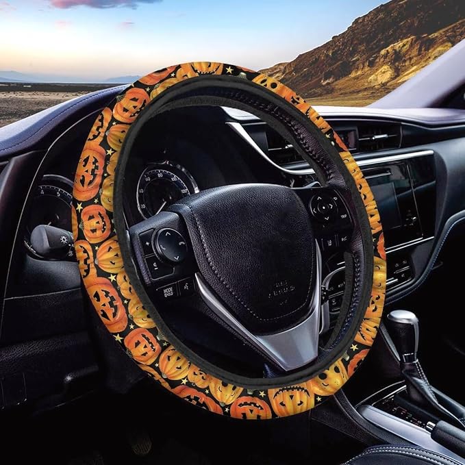 Car Steering Wheel Cover Universal 15 Inch Non-Slip Comfortable Stretch Decorative Halloween Auto Steering Wheel Protector Automobile Accessories, Pumpkin Star