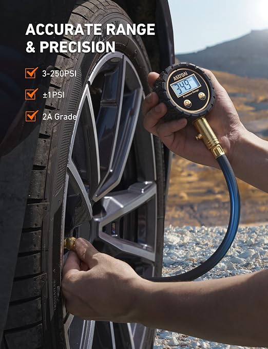 Tire Pressure Gauge for Cars with Backlit LED, Solid Brass with Rubber Hose, Air Bleeder Valve, ANSI B40.7 Grade 2A(±0.5%), 3-250PSI