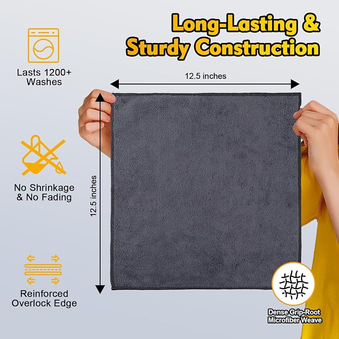 Microfiber Cleaning Cloth 12 Pack, 12.5 x 12.5 inch Microfiber Towels for Cars, Ultra Absorbent Washing Cloth, Lint Free Streak Free Cleaning Rags for Car, Kitchen, and Window (Grey)
