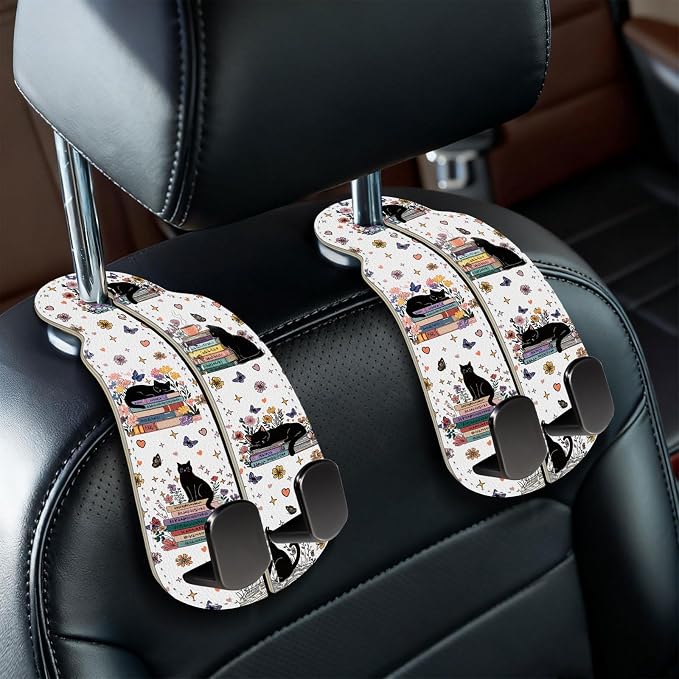 2PCS Car Hooks for Purses Bags, Book Lover Bookish Black Cat Seat Back Storage Headrest Holder Hanger PU Leather Double Metal Backseat Organizer, Women Car Accessories Organization
