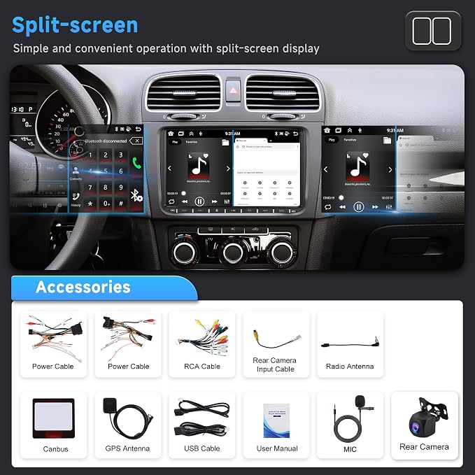 8 Core 6G 128G Android Car Stereo for VW Passat Jetta Tiguan Golf MK5 MK6 T5 EOS Polo with Wireless Carplay Android Auto, 9'' Touchscreen GPS Bluetooth 5G-WiFi FM/RDS DSP Backup Camera SWC