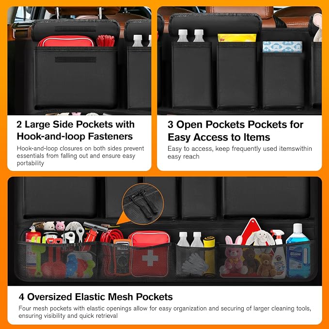 Trunk Organizer for SUV, Car Organizer with 10 Pockets Large Capacity & 3 Adjustable Straps for Easy Installation, Hanging Car Storage Universal Fit for Sedans, SUVs, MPVs, Trucks, 43.3 x 18.9in