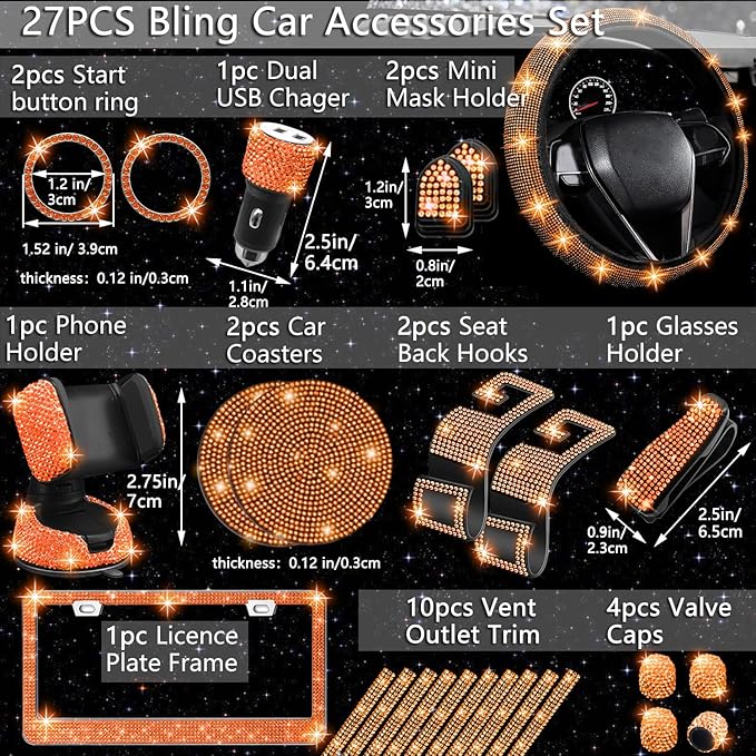 27 PCs Orange Bling Car Accessories Set for Women, Steering Wheel Covers Universal Fit 15 Inch, Bling License Plate Frame, Bling Phone Holder, Bling Car Coasters (Orange Diamond)