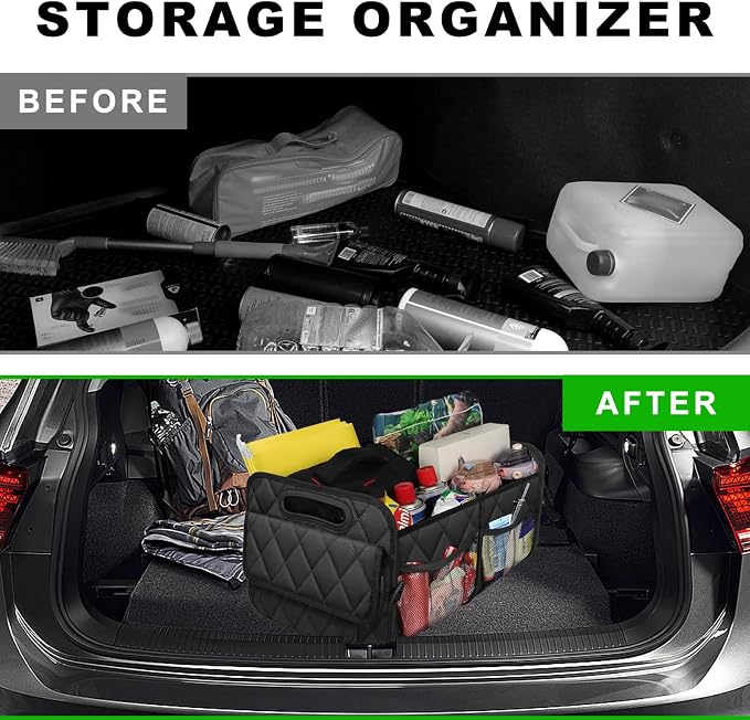 Car Trunk Organizer, Collapsible Auto Storage Box with Multi Pockets, Waterproof Oxford Cargo Organizer with Reinforced Handles, Universal Car Accessories for Men Women (Black)