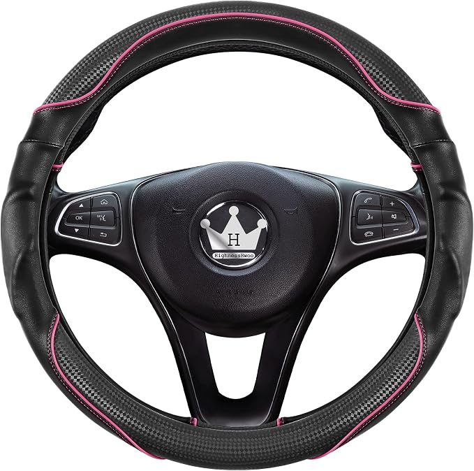 3D Car Steering Wheel Cover Comfort Grip Massage Sporty Anti-Slip Carbon Fiber Faux Leather for Sedan SUV, Universal Fit, Car Handle Covers for All Seasons, 14.75-15.15in, Pink