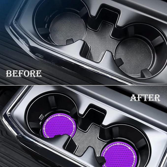 2PCS Bling Cup Holder Coaster, 2.75 Inch Auto Car Cup Holder Insert Coasters, Soft Silicone Anti-Slip Shockproof, Universal Vehicle Interior Accessories for Women Girls (Purple & White)