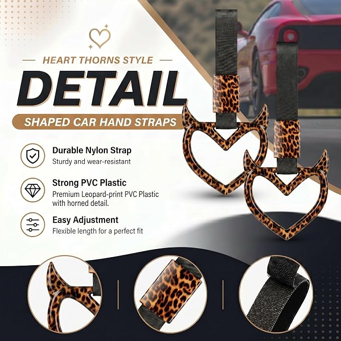 Leopard Heart Car Handle Strap Drift Charm Car Accessories for Women Cheetah Heart Rear Bumper Warning Ring Decor for Auto Bus Subway Interior Exterior Decorations(Leopard, Devil Style)