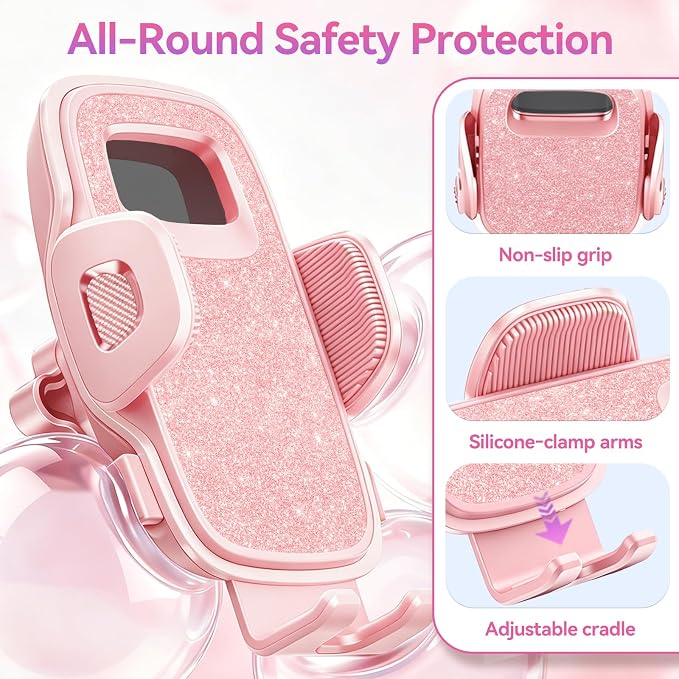 Car Vent Phone Holders with Metal Hook Clip [Bling Pink for Women & Thick Case Friendly]，Vent Phone Mount for Your Car Accessories with iPhone 17-12 Pro Max Plus Air Samsung