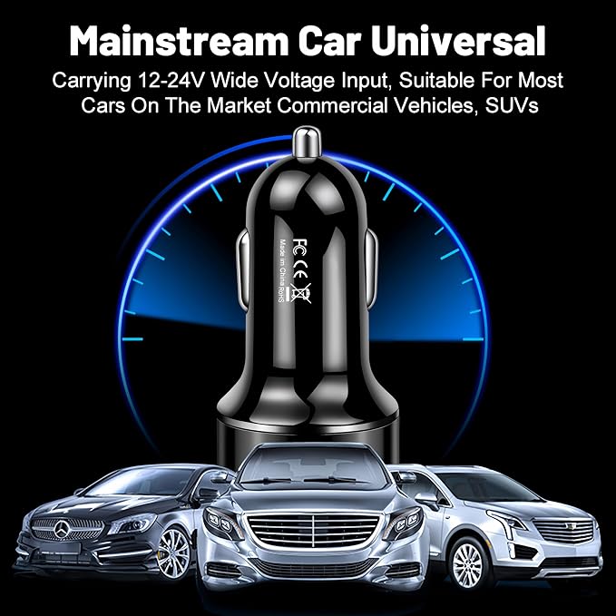 4-Port USB C Car Charger, Cigarette Lighter USB Charger Adapter with Voltmeter PD 3.0 & QC 3.0 Fast Charging for iPhone 17/16/15, Samsung Galaxy, Android Phones & Tablets