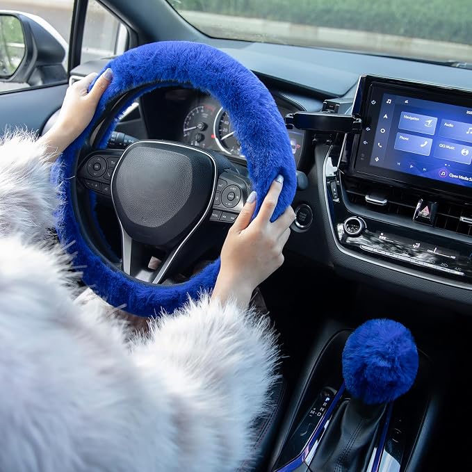 Furry Car Steering Wheel Cover with Fluffy Gear Shift Cover Soft Warm Non-Slip Car Decoration for Men Women Girls 2 PCS Set, Blue