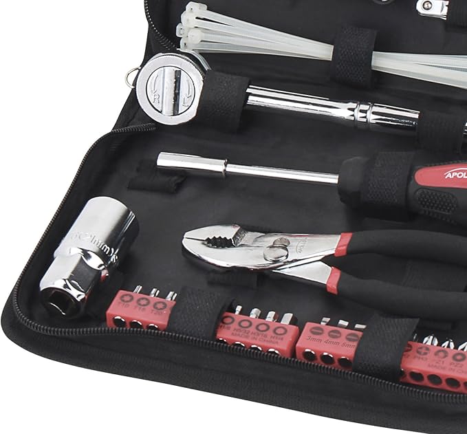 56 Piece Compact Metric Auto Tool Set in Zippered Case, Small Mechanic Tool Set for Car Emergency, Motorcycle Repair on the Road, Great for Travel Tool Needs - Red - DT9775