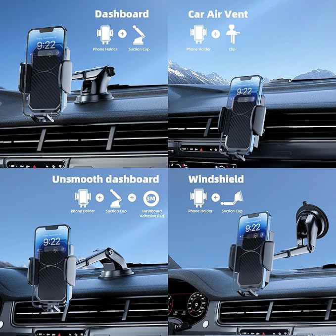 FBB Phone Mount for Car, [ Off-Road Level Suction Cup Protection ] 3in1 Long Arm Suction Cup Holder Universal Cell Phone Holder Mount Dashboard Windshield Vent Compatible with All Smartphones