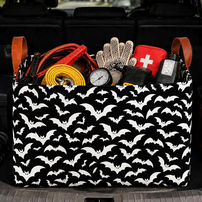 Bat Car Trunk Organizer,20L Collapsible Auto Storage Basket with Handles, Waterproof Reusable Shopping Grocery Bags for SUV, Truck, Gothic Bats Cars Boot Organizer Gifts for Women Men Drivers