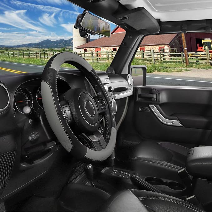 Car Steering Wheel Cover for F-150 Tundra Range Rover 15.5-16 inch, Black and Gray Microfiber Leather