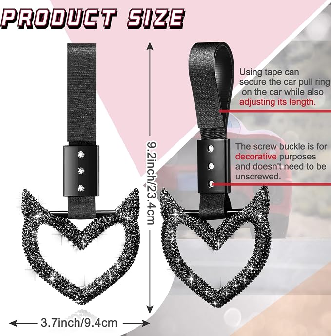 Bling Car Accessories Bling Heart Handle Ring Car Accessory for Women Heart Hand Strap Drift Charm Rear Bumper Warning Ring Decor for auto Bus Interior Exterior Decoration (Black,Devil Style)