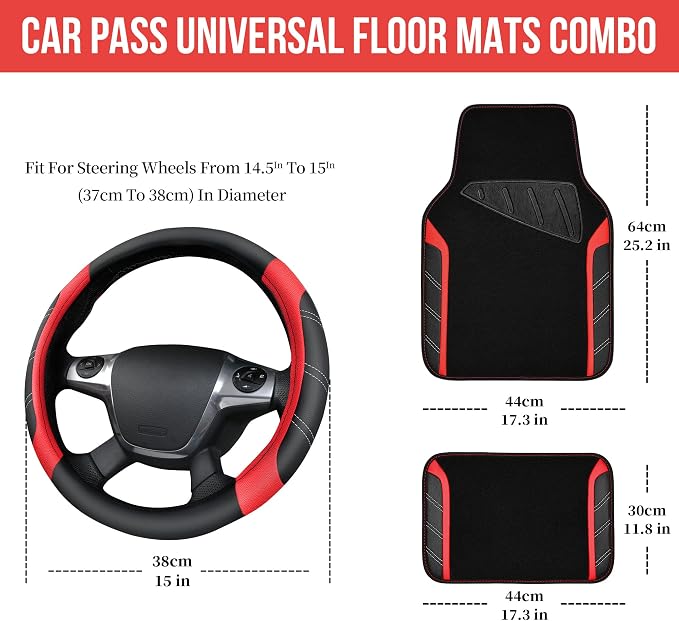 Leather Steering Wheel Cover and Waterproof Car Floor Mats,Microfiber Universal Car Combo Fit for 95% Sedan,SUV,Cars,14.5-15inch Sporty Anti-Slip Safety Comfortable Design(Black＆Red)