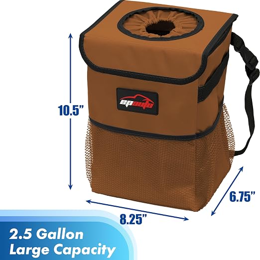 Waterproof Car Trash Can with Lid and Pockets, 2.5 Gal, Brown | Leakproof, Collapsible Multipurpose Car Bin with 3 Side Storage Pockets, Adjustable Straps