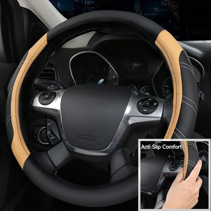 Microfiber Steering Wheel Cover and Waterproof Car Floor Mats,Leather Universal Car Combo Fit for 95% Truck,SUV,Cars,14.5-15inch Sporty Anti-Slip Safety Comfortable Design(Black and Beige)