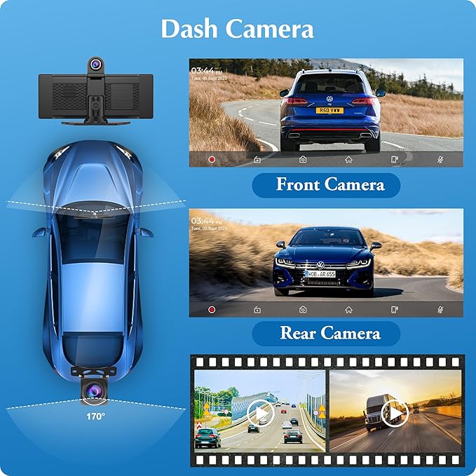 Carpuride W903 9.3" Wireless Carplay & Android Auto with Dash Cam | 4K Front & 1080P Rear Camera, Loop Recording, Bluetooth Audio, Mirror Link, GPS