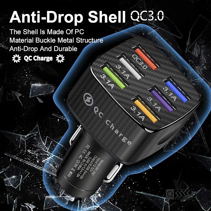 Car Charger Adapter, 6 USB Multi Port, Fast Charger, Include QC 3.0 and 5 Other Ports, Car Interior Accessories, Fit for iPhone 13/12/11/pro, Samsung Galaxy/Note S10/S9/S8, Android - Black