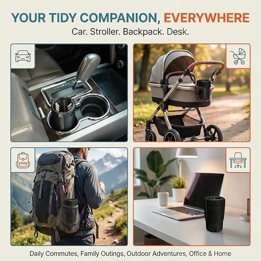 Car Trash Can Cup Holder | Mini Car Trash Can | Fits in Most Doors | 5.1" x 2.9" | Traps More & Empties Less, Patent-Pending Compaction, Holds Weeks of Small Garbage, Black/Teal