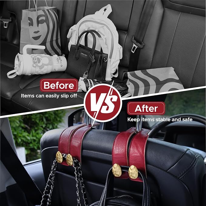 2PCS Leather Car Seat Hooks for Headrest, Vehicle Hanger Storage Organizer Universal for Handbag Purse, Car Accessories Gift (Red-Gold)