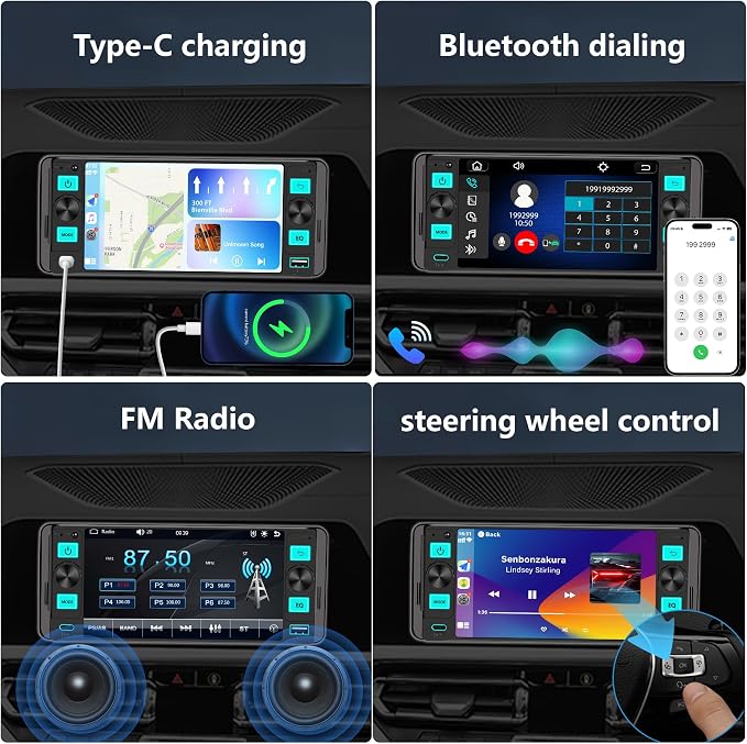 Single Din Car Stereo – Dual Knob Touchscreen Radio with Wireless Apple CarPlay & Android Auto Upgrade Your Classic Car with Easy Installation, Backup Camera Ready, Bluetooth, GPS, FM/AM, USB, EQ