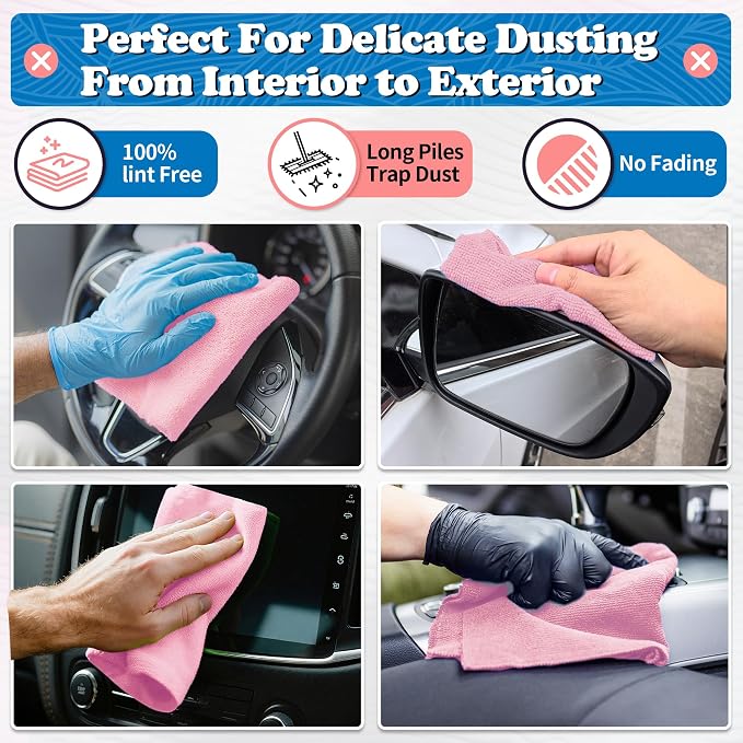 Microfiber Cleaning Cloth, Shop Towels Bulk, 24 Pack Pink Microfiber Towels for Cars, All-Purpose Absorbent Cleaning Rags, Dust Cloth for Automotive, Mechanic, Garage, Bar, 12 x 11 inch