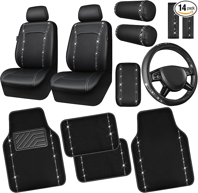 14 PCS Bling Diamond Car Accessories Set for Women, Leather Seat Covers Front Seats Sparkly Rhinestone 15'' Steering Wheel Covers Shining Diamond Car Floor Mats Cute Interior Sets, Silver
