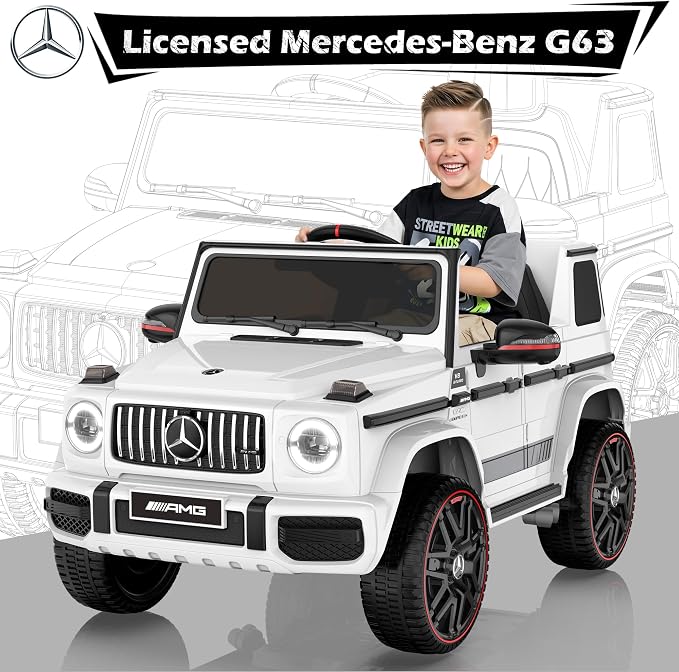 Licensed Mercedes-Benz G63 Car for Kids, 12V 7AH Ride on Car w/Parent Remote Control, LED Headlights, Music Player & Horn, Soft Start, Low Battery Prompt, Kids Electric Car (Ivory White)