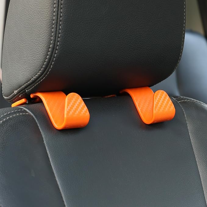 Car Seat Headrest Hook Universal Vehicle Seat Hook Hangers Interior Storage Organizer for Purse Handbag Coats Umbrellas Grocery Bags 4 Pack Orange