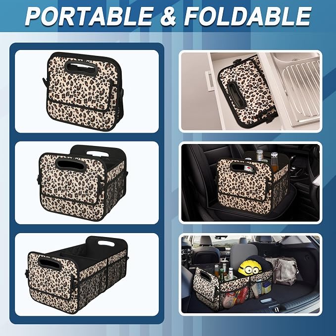 Trunk Organizer and Storage with Reinforced Handles,Car Accessories for Women/Men 50L Waterproof Polyester Trunk Organzier for Car/SUV/Minivan/Truck(Medium,Leopard print)