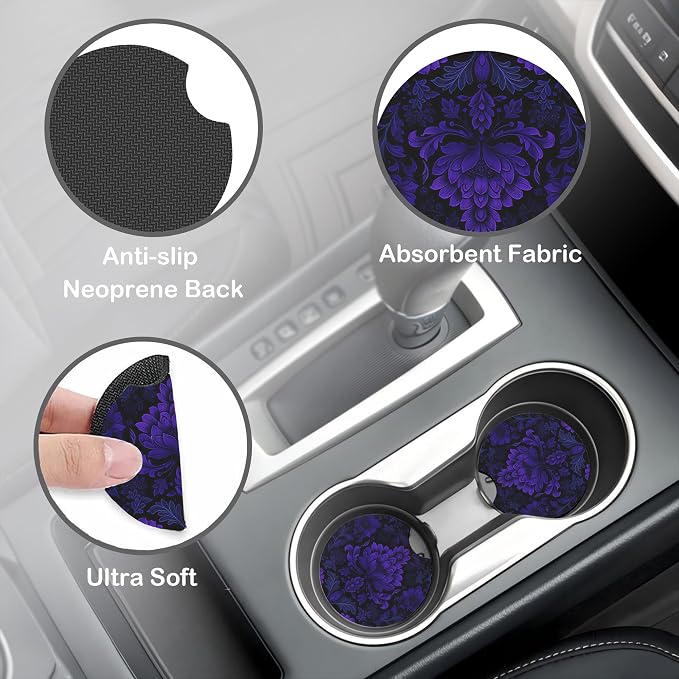 Gothic Purple Damask Floral Steering Wheel Cover for Women, Anti-Slip Car Steering Wheel Cover with 2 Pcs Cup Holders Neoprene Breathable Car Accessories Universal 15 Inch Auto Interior Decor