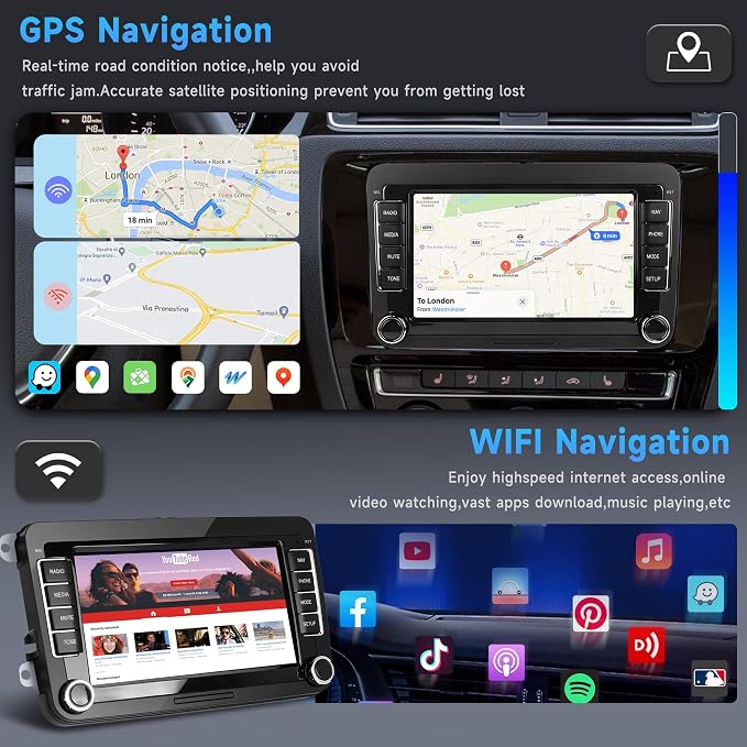 8 Core 6+128G Android Car Radio for VW Passat Golf MK5 MK6 Jetta T5 EOS Polo Touran Seat Sharan Wireless Carplay Android Auto, 7'' Touchscreen Car Radio with GPS Bluetooth WiFi FM/RDS DSP Rear Camera