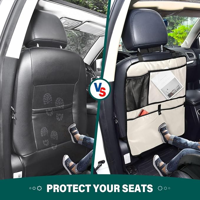 Beige Car Seat Organizer for Kids Backseat Kick Mat with Adjustable Strap Back of Seat Protector for SUV Vehicle Car 1 Pcs