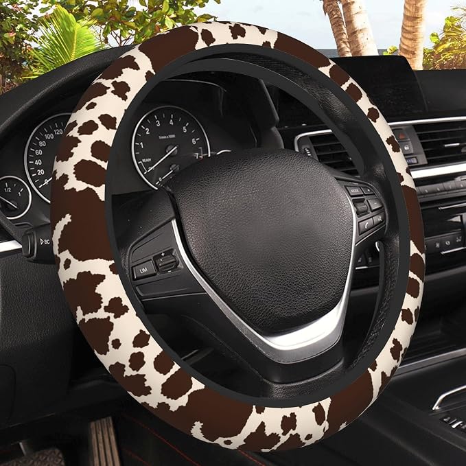 Brown Cow Print Steering Wheel Covers Universal 15 Inch Car Wheel Cover,Anti-Slip Breathable Car Accessories Protector Fit for Trucks,Sedans,SUVs,Vans