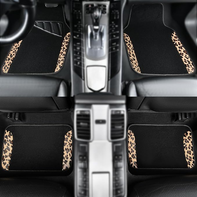 Waterproof Universal Fit Car Floor Mats, Leopard Print Car Mats Fit for SUV,Vans,sedans, Trucks,Set of 4pcs Car Carpet with Driver Heel Pad and Nibs Backing,for Cute Women Girl Brown Leopard
