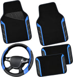 Leather Steering Wheel Cover and Waterproof Car Floor Mats,Microfiber Universal Car Combo Fit for 95% Sedan,SUV,Cars,14.5-15inch Sporty Anti-Slip Safety Comfortable Design(Black＆Blue)